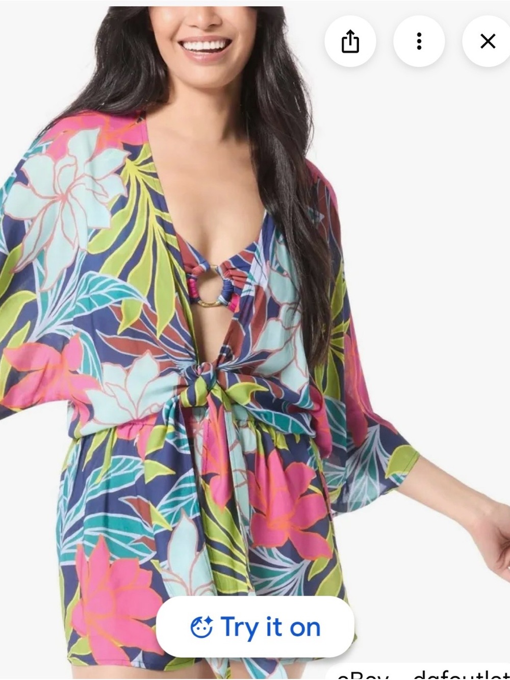 Tropical Floral Tie-Front Romper in Navy & Pink swimsuit, cover-up size small